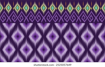 Seamless Ikat Pattern, Geometric Design, Ethnic Handmade Pattern, Tribal Ikat, Seamless Bohemian Wallpaper, Abstract Purple Background Art of Ethnic Ikat, Greeting Cards, Printing Products