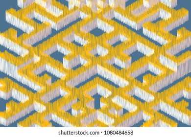 Seamless Ikat Pattern with geometric drawing. Vector illustration.