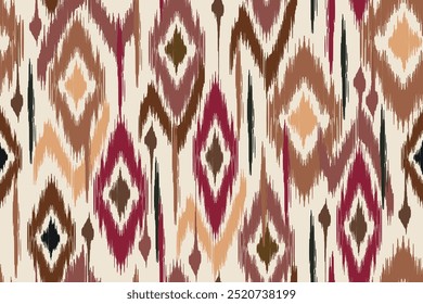 Seamless ikat pattern with geometric ethnic motifs in earth tones. Abstract tribal background for wallpaper, textiles, traditional bohemian design for greeting cards and fashion.