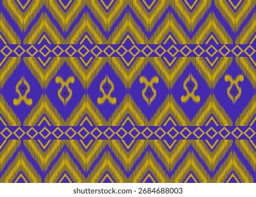 A seamless ikat pattern with geometric zigzag motifs in purple and yellow. Great for textile prints, boho fashion, and digital design projects. Purple and Yellow Geometric Ikat Seamless Pattern