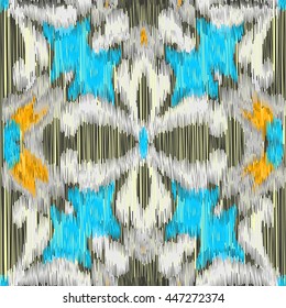 Seamless Ikat Pattern with geometrical drawing. Abstract  background for textile design, wallpaper, surface textures, wrapping paper.