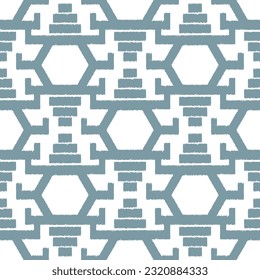 Seamless ikat pattern with green elements on white background.