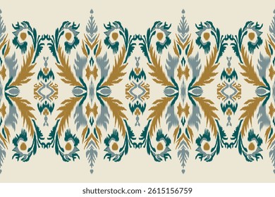 Seamless ikat pattern in green and gold tones with vintage floral ornamental elements for textiles, wallpapers, fashion prints, traditional home decor and ethnic fabric designs.
