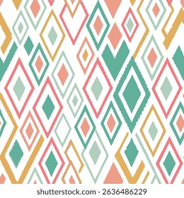 Seamless ikat pattern with green, pink, brown and orange colored hand drawn art isolated brush draw ethnic background elements