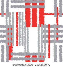 Patrón de ikat sin soldadura con elementos geométricos grises y rojos sobre fondo blanco.