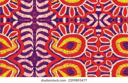 Seamless ikat pattern. Grunge texture with imitation embroidery. Print for home decor - carpets, pillows, blankets. Grunge texture. Vector illustration.