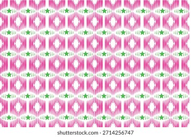 Seamless ikat pattern  hand-drawn textured stripes pink  green tones. Ethnic textile inspired geometric design with repeating star motifs, suitable fabric, wallpaper, wrapping paper, pattern design.