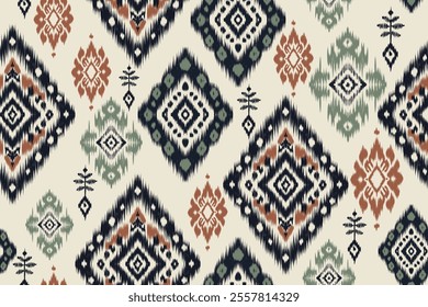 A seamless ikat pattern inspired by tribal and folk embroidery. Featuring Mexican Aztec geometric shapes. Perfect for graphic art, rug design, wallpaper, gift wrapping and clothing.