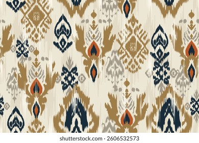 A seamless ikat pattern inspired by tribal and folk embroidery. Featuring Mexican Aztec geometric shapes. Perfect for graphic art, rug design, wallpaper, gift wrapping and clothing.