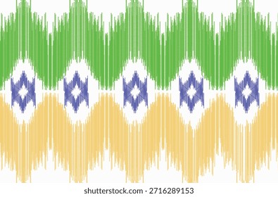 Patrón de ikat sin costuras inspirado en el diseño textil étnico tradicional. Repitiendo textura de estilo tejida a mano con motivos geométricos y abstractos. Patrón de tela bohemio y tribal conveniente para la materia textil, la moda, la ropa, el Fondo de pantalla, el fondo, el papel de embalaje, y la decoración interior. Diseño cultural y artesanal con un toque moderno.