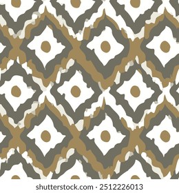 Seamless ikat pattern with isolated abstract hand drawn art ethnic background elements in brown and green colors