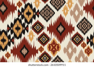 Seamless ikat pattern with multicolor geometric tribal diamond motifs in red, yellow, black, and beige tones, traditional ethnic design ideal for fabric, wallpaper, and home decor