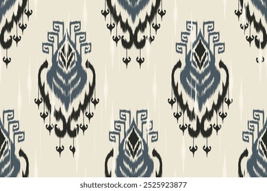 Seamless Ikat Pattern in Muted Grey and Black with Ethnic Tribal Geometric Motifs, Abstract Decorative Textile Design for Fashion Fabrics, Home Decor, Upholstery, and Traditional Arts and Crafts