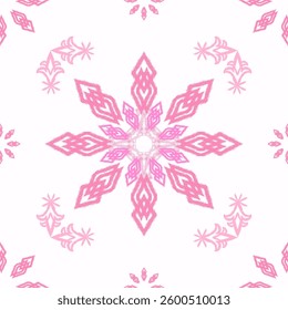 Seamless Ikat pattern. Pink folk floral and grass lines on white background.