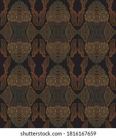 Seamless ikat pattern print from colorful contour ethnic geometrical ornaments, art deco stripes on a black background. Wallpaper, wrapping packaging paper, silk shawl, Batik paint