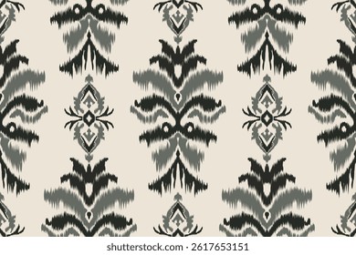 Seamless ikat pattern with symmetrical motifs, perfect for traditional fabric wallpaper designs, tribal fashion, ethnic design projects and for decoration.