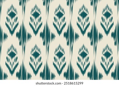 Padrão de Ikat sem costura em azul-petróleo no fundo bege. Design geométrico étnico para aplicações de tecido, papel de parede e têxteis. Arte Tradicional com Simetria Negrito e Formas Repetidas.