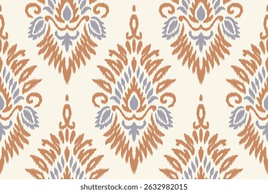 Padrão de ikat sem costura com motivos de terracota e diamante azul. Design têxtil étnico tradicional para moda, decoração de casa, papel de parede, artesanato, papel de embrulho e impressão de superfície de tecido.