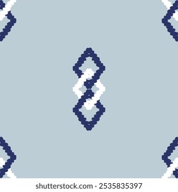 Nahtlose Ikat-Muster Textur 3 Diamant-Rahmen aus Weiß und Navy Blue auf hellgrauem Hintergrund. Repeat, Traditionell, Motiv, Nadelkunst, handgefertigt, minimal