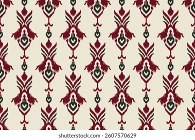 Seamless Ikat Pattern with Traditional Ethnic Textile Design in Burgundy and Cream. Abstract Geometric Fabric Texture with Bohemian Tribal Motifs for Fashion, Home Decor, and Wallpaper.