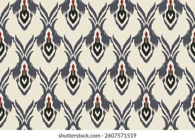 Seamless Ikat Pattern with Traditional Ethnic Textile Design in Blue, Black, and Red. Abstract Geometric Fabric Texture with Bohemian Tribal Motifs for Fashion, Home Decor, and Wallpaper.