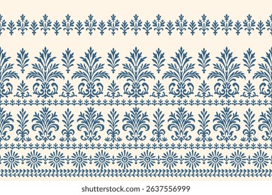 Seamless ikat pattern with traditional floral and ornamental design elements in blue on beige background, ethnic textile inspired decorative fabric vector for print and crafts.