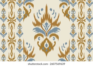 Seamless Ikat pattern with tribal and geometric embroidery in earthy blue and brown tones. Ideal for textiles, rugs, wallpaper, wrapping paper, and home decor.