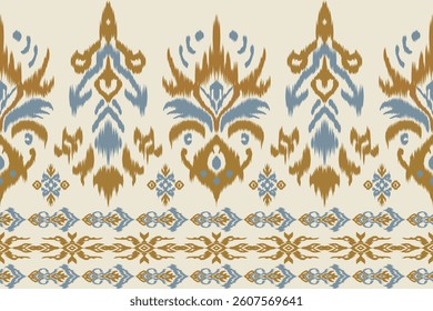 Seamless Ikat pattern with tribal and geometric embroidery in earthy blue and brown tones. Ideal for textiles, rugs, wallpaper, wrapping paper, and home decor.