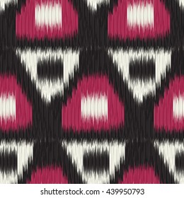 Seamless Ikat Pattern with vinous and black geometrical drawing. Abstract  background for textile design, wallpaper, surface textures, wrapping paper.