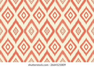 A seamless Ikat pattern in warm terracotta and beige tones, inspired by traditional tribal weaving.