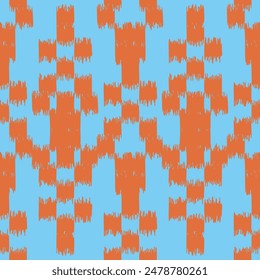 Seamless ikat pattern wih orange elements on blue background.