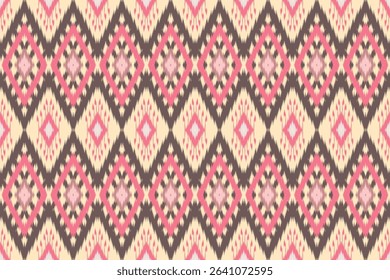Seamless ikat tribal pattern.Beige pink ethnic design. Diamond textile motif print.Traditional Southeast Asian fabric. Tribal vector texture. Ethnic Thai textile design. Handwoven traditional pattern.