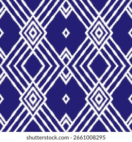 padrão uniforme inspirado em ikat apresentando diamantes geométricos rítmicos em negrito índigo e branco, ecoando a arte têxtil tradicional com uma borda moderna.