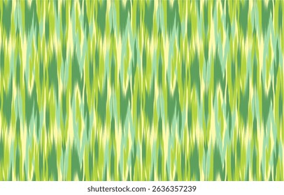 Seamless Ikat-inspired pattern in green, cyan, and yellow tones. Dynamic, symmetrical, and handcrafted in style.. Perfect for use in fashion, home décor, or graphic design projects.