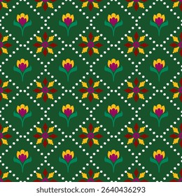 A seamless Ikat-inspired textile pattern featuring alternating floral motif. The design is arranged in a diamond lattice grid wit Floral Ikat Harmony
Jungle Bloom Ikat
Ikat Garden Trellis
Folk Blossom