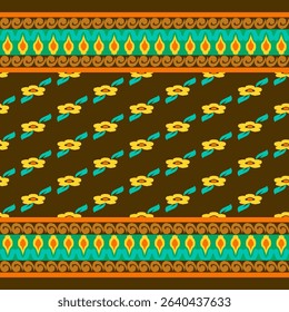 A seamless Ikat-inspired textile pattern featuring alternating floral motif. The design is arranged in a diamond lattice grid wit Floral Ikat Harmony
Jungle Bloom Ikat
Ikat Garden Trellis
Folk Blossom