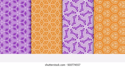 Seamless illusion cube patterns set. Vector illustration. Texture for design wallpaper, pattern fills, web page, banner, flyer. Geometry ornament. purple and orange color