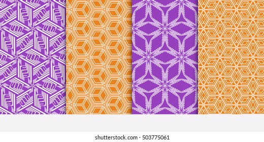 Seamless illusion cube patterns set. Vector illustration. Texture for design wallpaper, pattern fills, web page, banner, flyer. Geometry ornament. purple and orange color