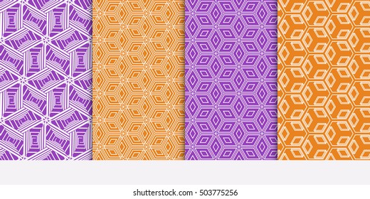 Seamless illusion cube patterns set. Vector illustration. Texture for design wallpaper, pattern fills, web page, banner, flyer. Geometry ornament. purple and orange color