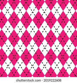 Seamless illustrated argyle pattern in black, white and hot pink