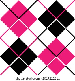 Seamless illustrated argyle pattern in black, white and hot pink