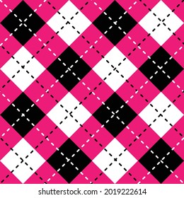 Seamless illustrated argyle pattern in black, white and hot pink