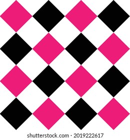 Seamless illustrated argyle pattern in black, white and hot pink