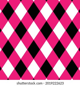 Seamless illustrated argyle pattern in black, white and hot pink