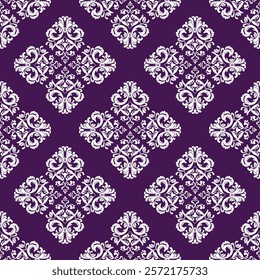 Seamless illustrated damask pattern made of abstract elements in white and purple. Design for ceramic pottery, sarees, motifs, ornaments, and clothing.