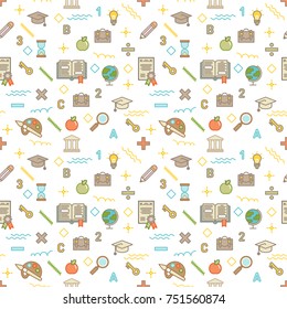 Seamless illustrated education themed line style vector pattern with books, diplomas, keys, pencils, globes and other objects mixed with abstract shapes. 