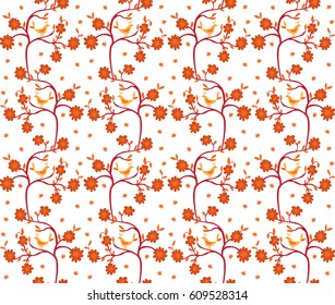 Seamless illustrated made of illustrated orange branches, flowers and birds on white
