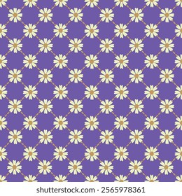 Seamless illustrated pattern with beautiful colorful flowers on dashed sqaures and violet background