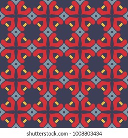Seamless illustrated pattern made of abstract elements in yellow, red and shades of blue