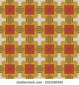 Seamless illustrated pattern made of abstract elements in beige, yellow, red and brown